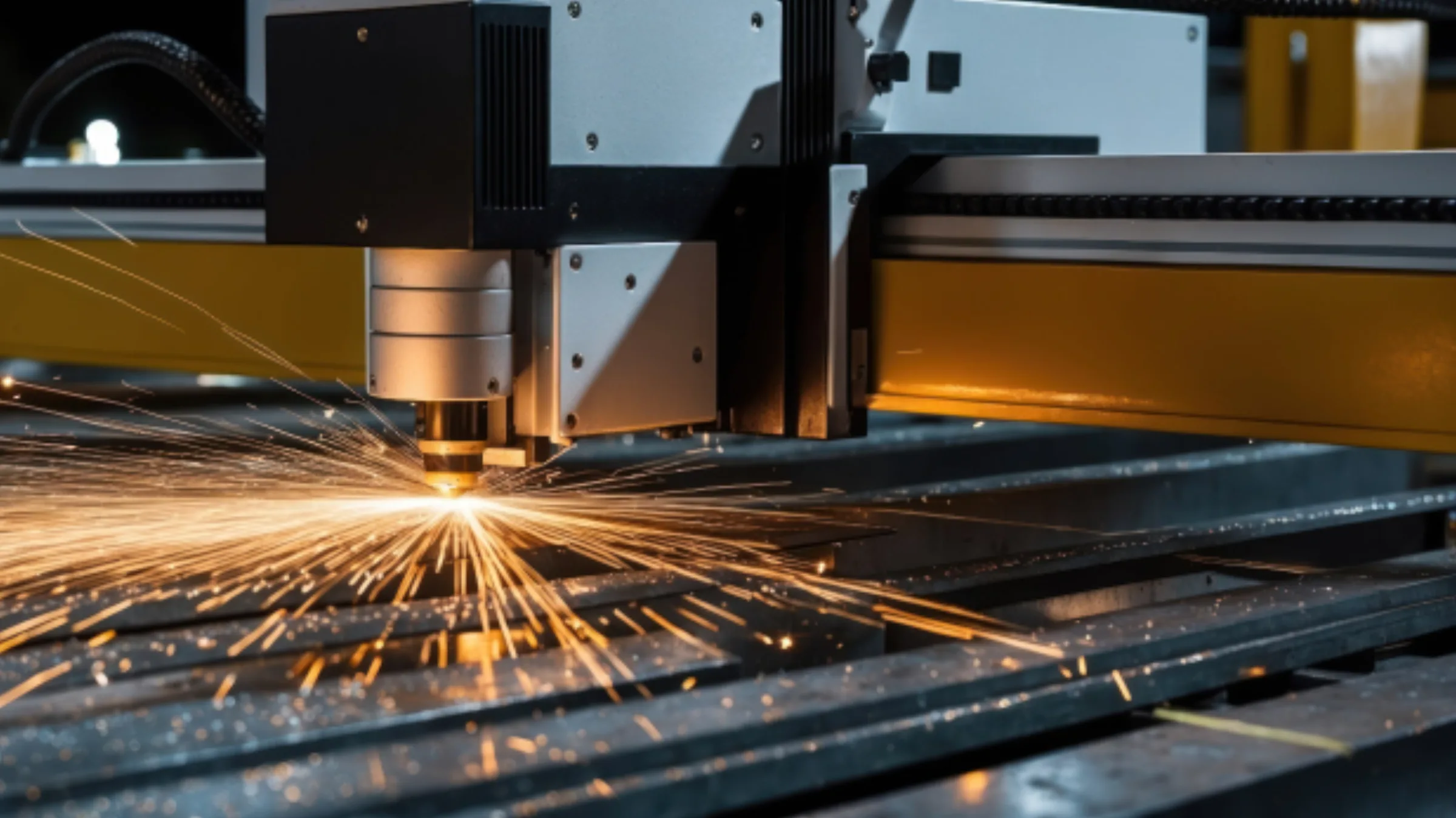 CNC laser cutting a steel sheet, sparks under the head