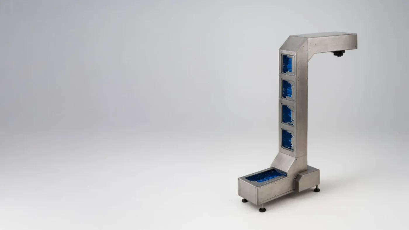 Bucket Elevator conveyor — manufacturer's render, representative of the elevating & vertical family